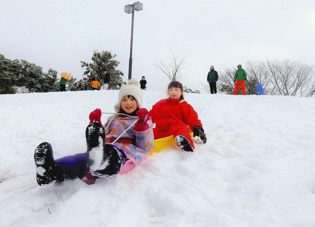 雪が積もった椿山でそり遊びを楽しむ子どもたち＝野々市市下林で 