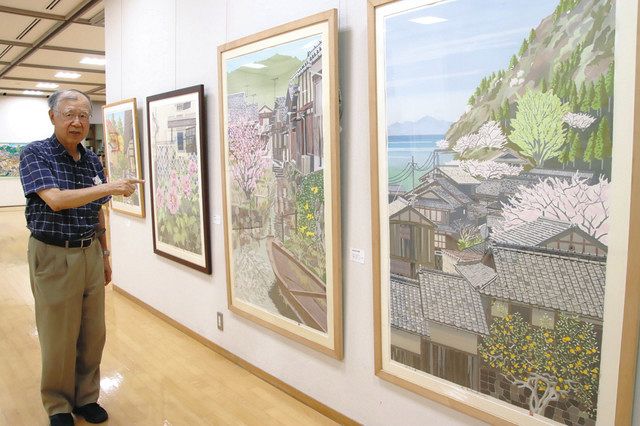 木版画 カップルと街の風景 風景や家族…味わい深い木版画 日展会友・松島さんが能登川図書館で作品