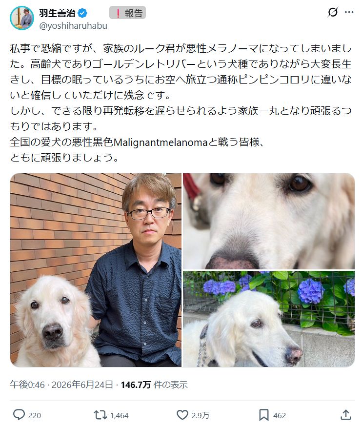 実際の投稿】羽生善治九段、愛犬・ルークとの”絆”ツーショット：中日