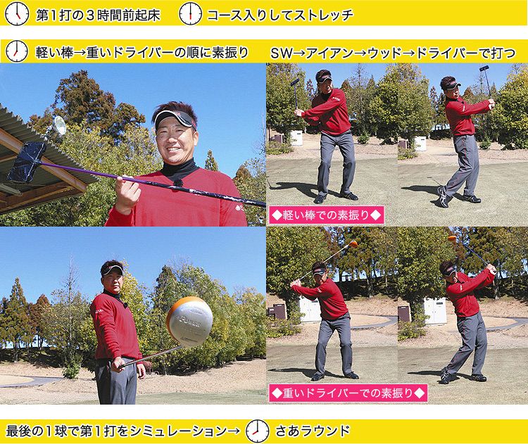 （左上）高山プロ手づくりの素振り用の棒。ドライバー用シャフトにプラスチックケースを粘着テープでつけたもの。軽くて抵抗が大きく、素振りで体を慣れさせるのにぴったり　（左下）市販されている素振り用の重いドライバー。ボールを打つこともできるが、高山プロは素振りに使う