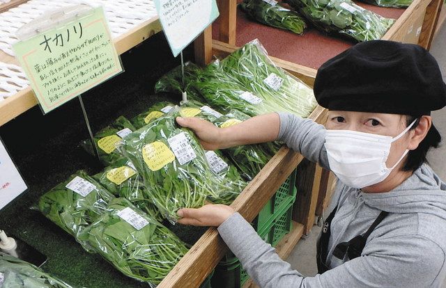 産直の店「農家市場」に並んだ袋入りのオカノリ＝松阪市伊勢寺町の松阪農業公園ベルファームで