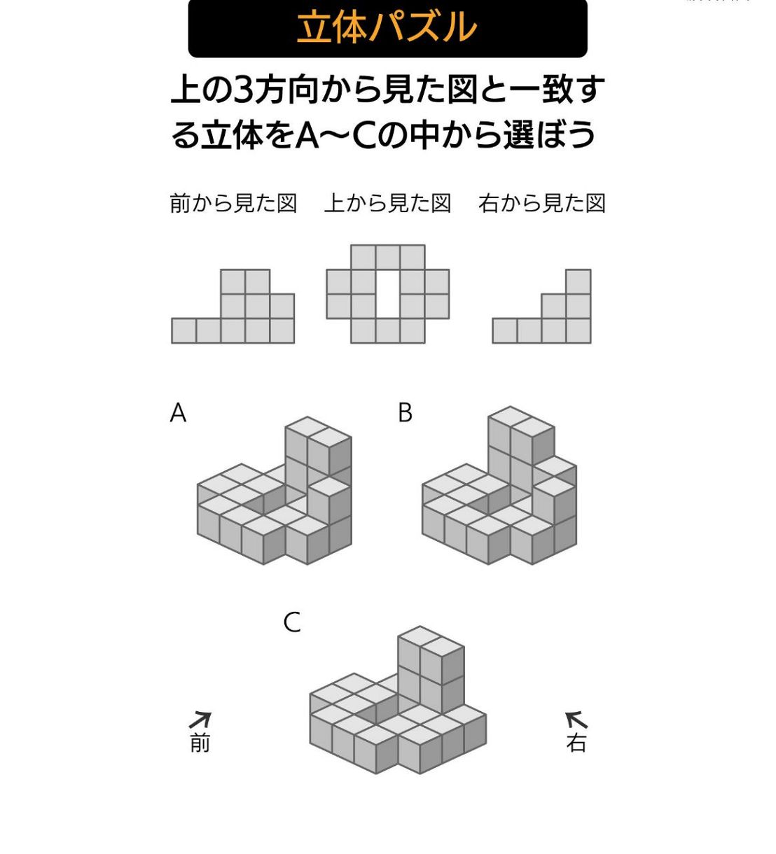 立体パズル】 上の3方向から見た図と一致する立体をA〜Cの中から選ぼう