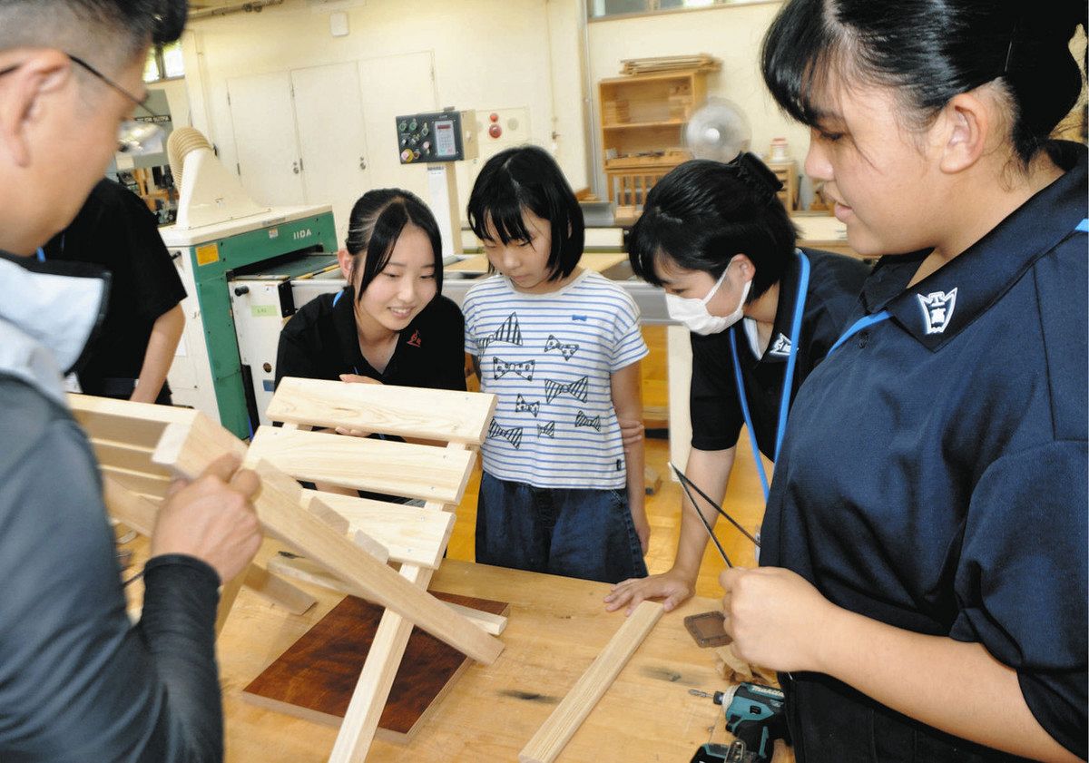 子どもたちにものづくりの楽しさを伝える生徒たち＝中津川市の中津川工業高で
