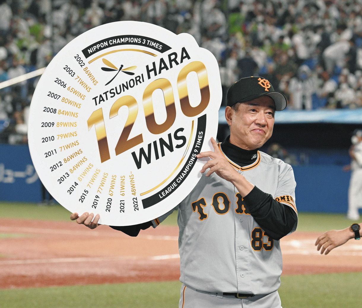 から厳選した 巨人】ナインが原辰徳監督の通算1200勝達成記念Tシャツを着て 記念グッズ