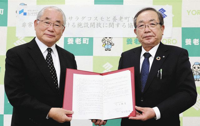 協定書を手にする中田社長（左）と大橋町長＝養老町役場で