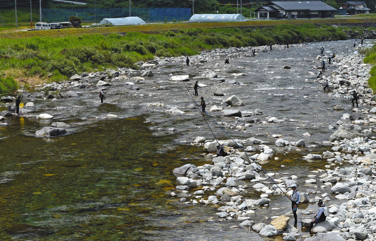 釣り人であふれた馬瀬川・本郷橋下流
