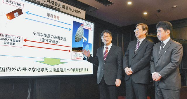 パラボラアンテナと大学独自の人工衛星との運用について説明する掛下学長（左）や中城教授（右）ら＝１５日、福井市の福井工大で