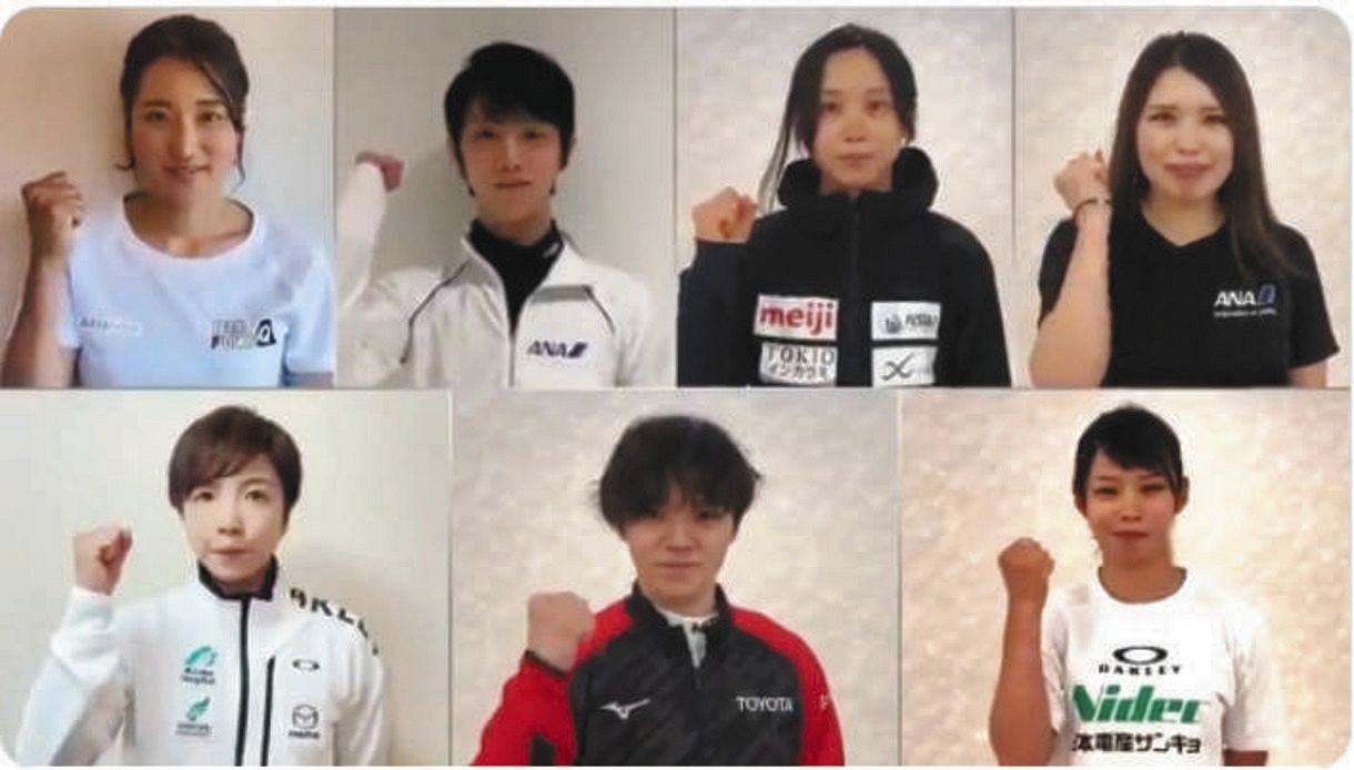 日本スケート連盟が投稿した動画でエールを送る平昌五輪メダリストたち（同連盟のツイッターより）