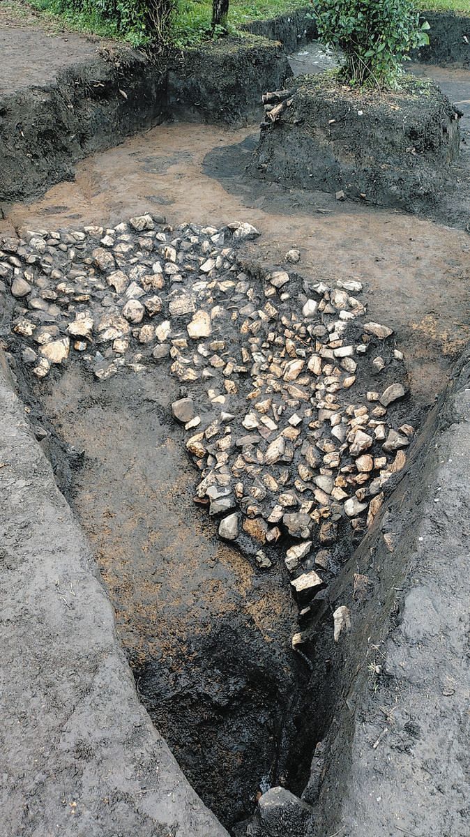 乾屋敷古墳のくびれ部付近で発見された造り出しのふき石＝大野町野で（大野町教委・南山大提供）