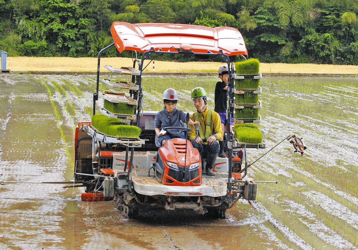 これが田植え 一生懸命 自動でハンドル 今の農業を体験 魚津の親子