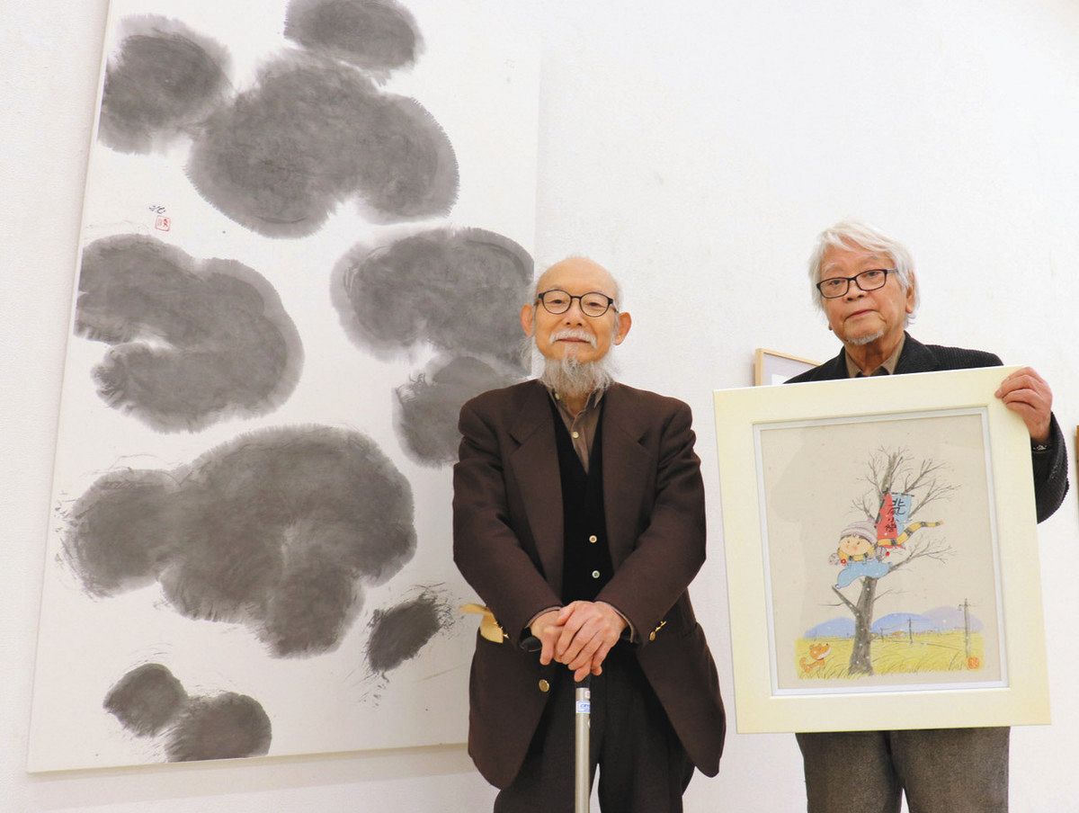 松阪高同窓の画家2人展、8日まで わらべ絵・喜田川さんと水墨画・櫻井