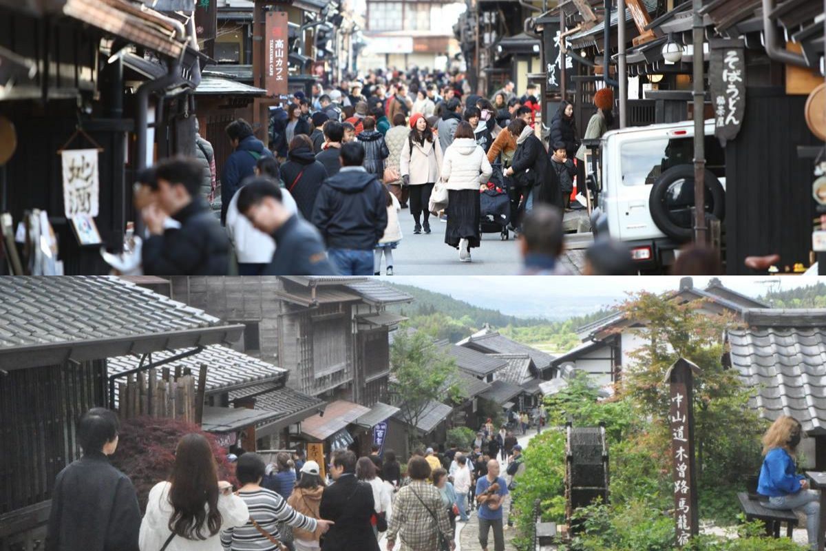 （上）高山市の古い町並み　（下）中津川市の馬籠宿