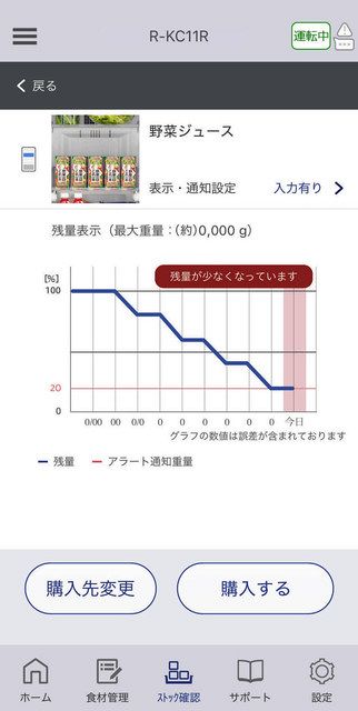 ストック状況を知らせるスマホアプリの画面