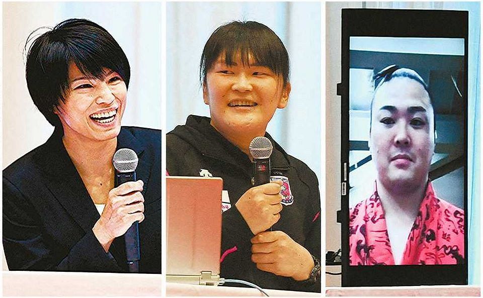 スポーツの魅力や舞台裏などを話す、左から松本薫さん、坂下麻衣子さん、炎鵬関＝金沢市稚日野町のいしかわ総合スポーツセンターで 