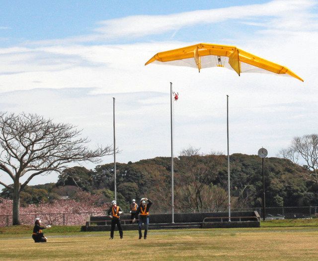 カイトを舞い揚げるトヨタ自動車の社員ら＝湖西市吉美の湖西運動公園で 