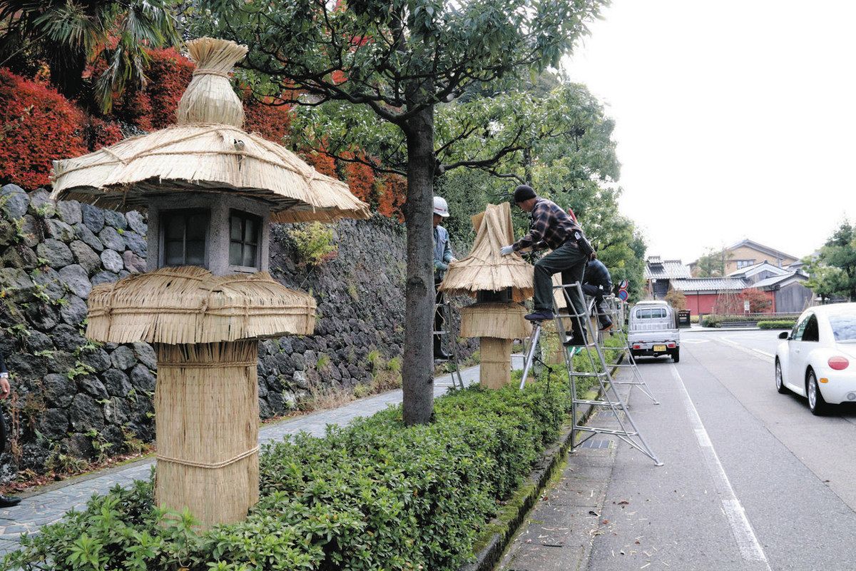石灯籠すっぽり こも掛け冬支度 山代温泉中心街：北陸中日新聞Web