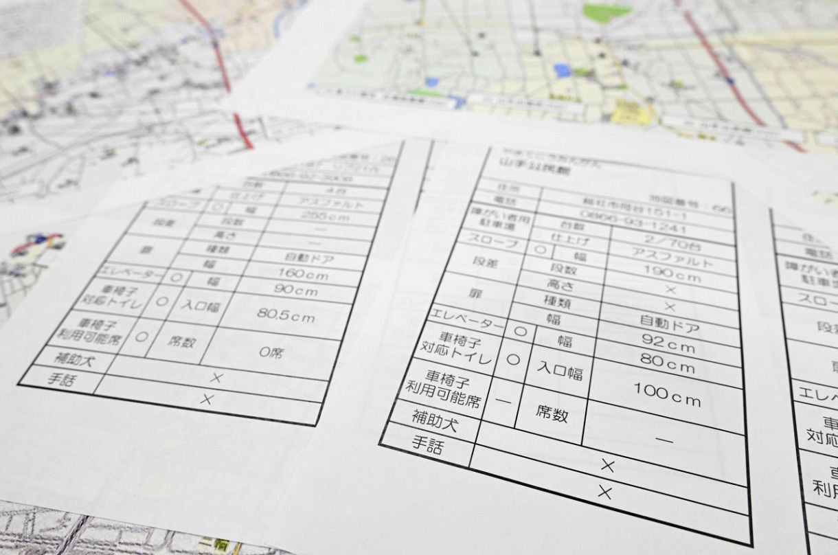 　岡山県総社市が公開を取りやめた、市内施設のバリアフリー状況を記したマップ。補助犬の受け入れ状況欄の一部に「×」と表示されていた