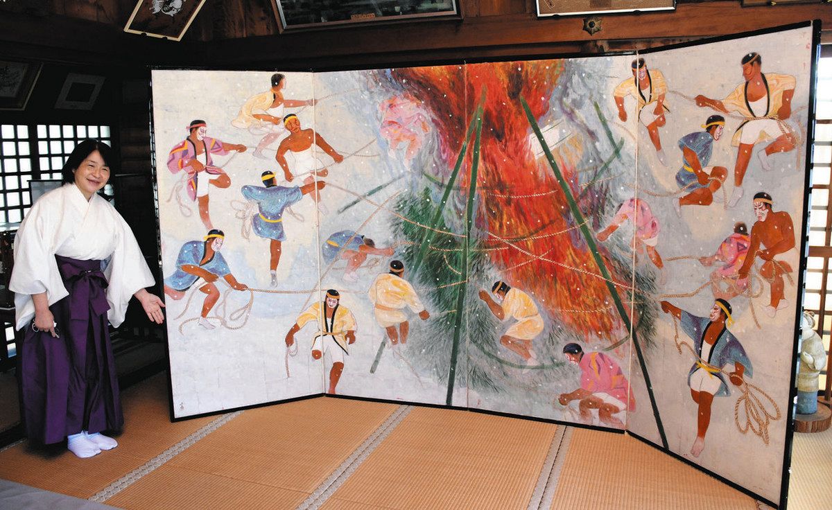 今尾の左義長を描いたびょうぶ絵 日本画家・水谷桑丘さん、海津・今尾