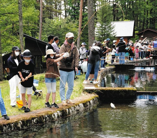 釣り場で魚との駆け引きを楽しむ子どもたち＝木祖村のこだまの森で 