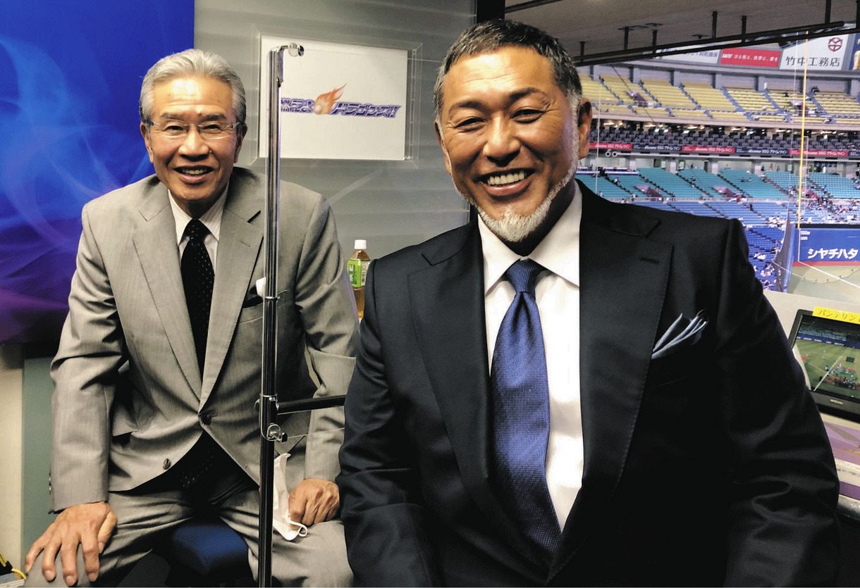 ＣＢＣテレビの野球解説のためバンテリンドームナゴヤを訪れた清原和博さんと山田久志さん（左）（代表撮影）