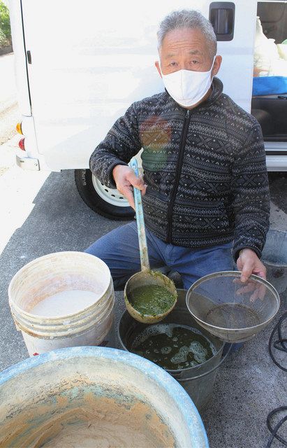 茶葉から浸出した液をしっくいに混ぜる増田さん＝藤枝市で 