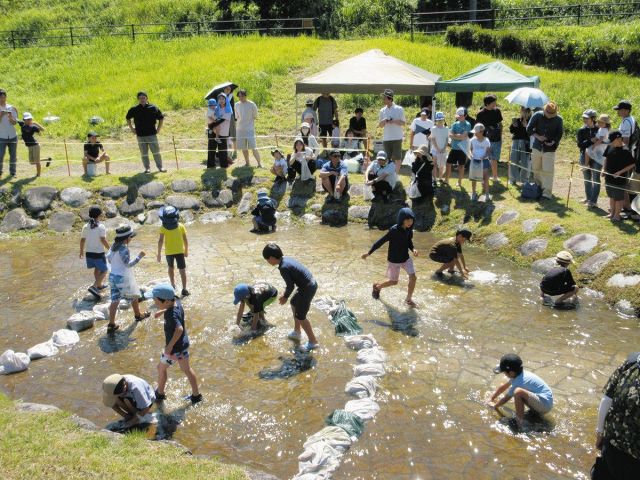 夏休みの思い出に、アユつかみ取り　中津川・田瀬農村公園で児童ら45人