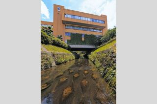 庁舎の下には小川のせせらぎ　東郷町役場、川またぐように増築