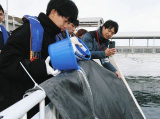 「しっかり育って」ヒラメ稚魚放流　津・東橋内中生、海岸清掃し環境考える
