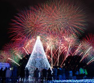 【動画・写真多数】師走の夜空にクリスマスカラーの大輪　植草克秀さんの朗読に合わせ「ISOGAI花火劇場in名古屋港」